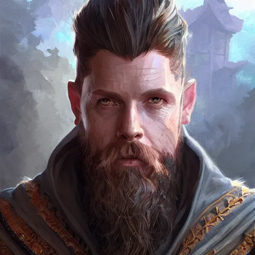 Prompt: sean harris wizard, D&D, painted fantasy character portrait, highly detailed, digital painting, artstation, concept art, sharp focus, illustration, art by artgerm and greg rutkowski and alphonse mucha