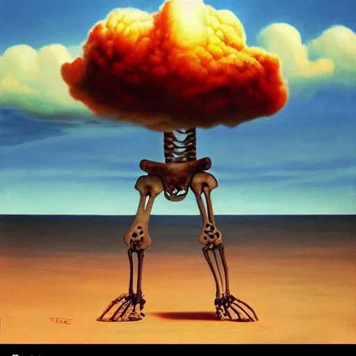 Image similar to a skeleton walking on a beach next to the ocean with nuclear bomb explosion in the background, a naturalism painting by Storm Thorgerson, featured on cg society, matte painting, realistic, chillwave, anatomically correct, light colors, photo-realistic huge mushroom-cloud, skull, hands