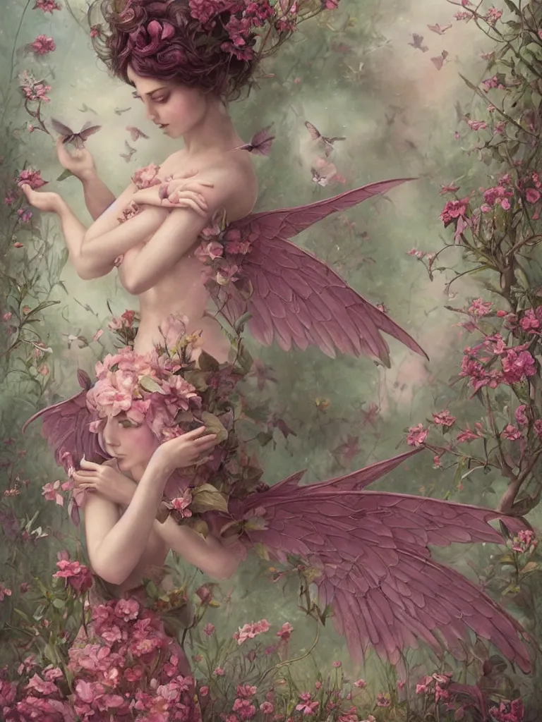 Image similar to one pink fairy with large wings exploring her lonely flower garden by herself in the style of tom bagshaw, extremely detailed, muted colors