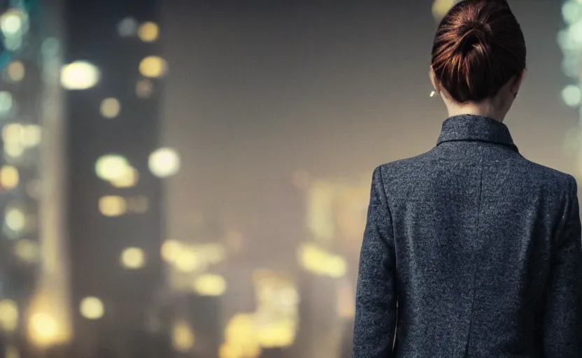 Image similar to a wide shot of a woman with a wool suit, short hair, blurred face, from the back, in front of a crowded dystopian city at night with cyberpunk lights