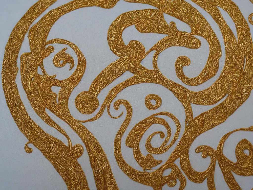 Image similar to heavenly sacred godly divine swirl art gold and white embroidery