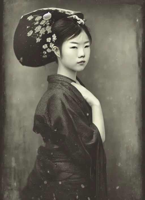 Image similar to a wet plate portrait of a young asiatic young woman, geisha, photorealistic, cinematic light, highly detailed, smooth, sharp focus, illustration, shallow depth of field