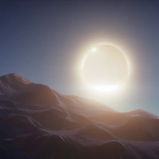 Image similar to solar eclipse above mountins, highly detailed, photorealistic portrait, bright studio setting, studio lighting, crisp quality and light reflections, unreal engine 5 quality render