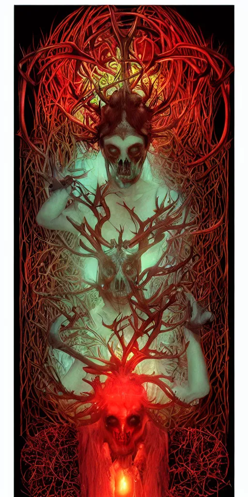 Image similar to intense glowing black metal pagan god with antlers and blood and intense glowing eyes with a bull skull in very dark forest by marco mazzoni and alphonse mucha, portrait, fantasy, clear, red and teal and yellow, light beams, lens flare, intense, uhd, amazing depth, cinematic lighting