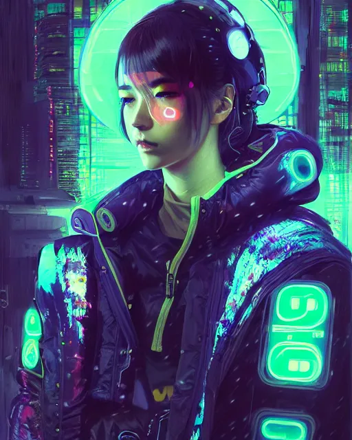 Image similar to detailed portrait Neon Operator Girl, cyberpunk futuristic neon, reflective puffy coat, decorated with traditional Japanese ornaments by Ismail inceoglu dragan bibin hans thoma greg rutkowski Alexandros Pyromallis Nekro Rene Maritte Illustrated, Perfect face, fine details, realistic shaded, fine-face, pretty face