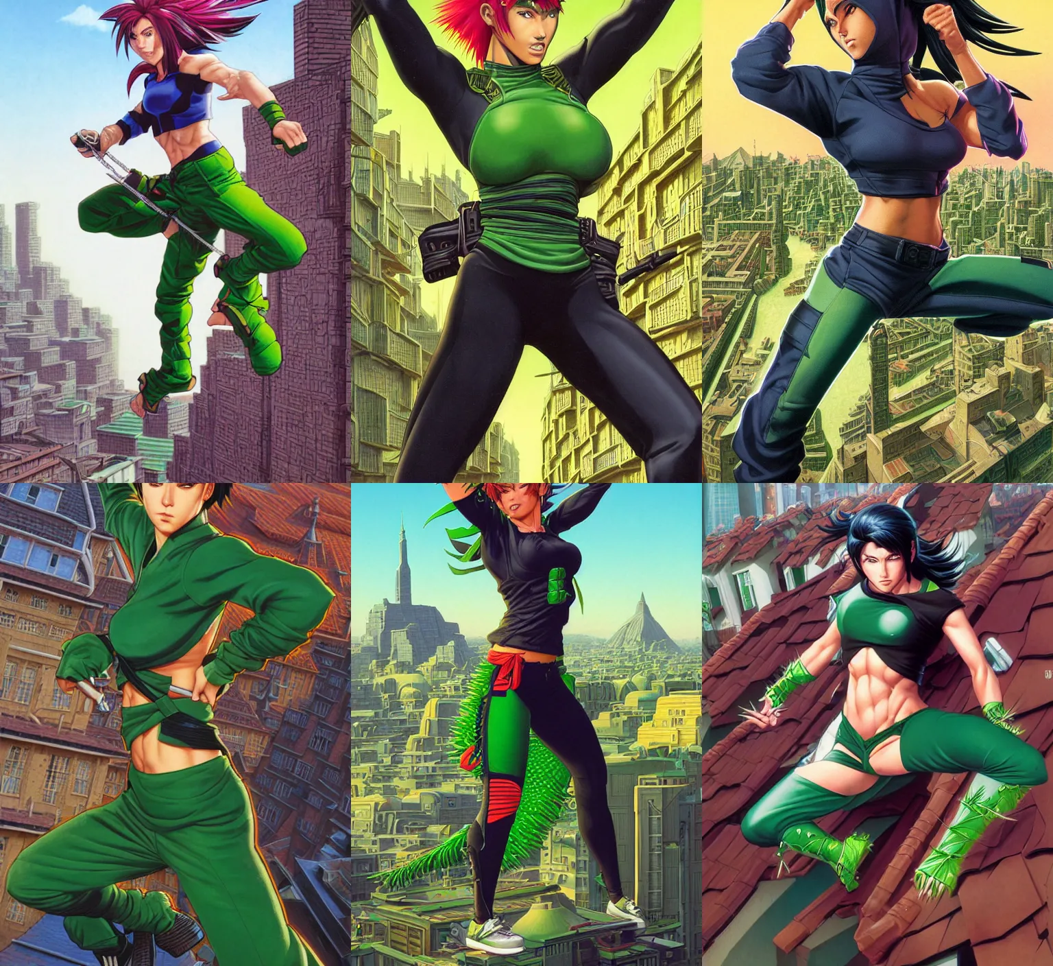 Prompt: athletic female ninja with spiky anime hair wearing a croptop and baggy pants, hiding in the rooftops, green color scheme, realistic 4k, highly detailed, art by Tim Hildebrandt and Greg Hildebrandt