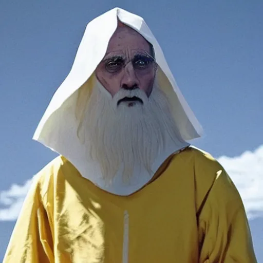 Image similar to Saruman the White wearing a yellow hazmat suit with a 3M gasmask on his head like Walter White in Face Off