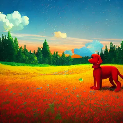 Prompt: a clifford the big red dog, surreal photography, flower field, sunset on a summer day light, impressionist painting, colorful clouds, blue sky, digital painting, artstation, simon stalenhag