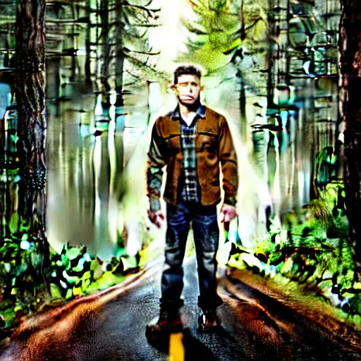 Prompt: Dean Winchester standing on the road in a pine forrest, promoart