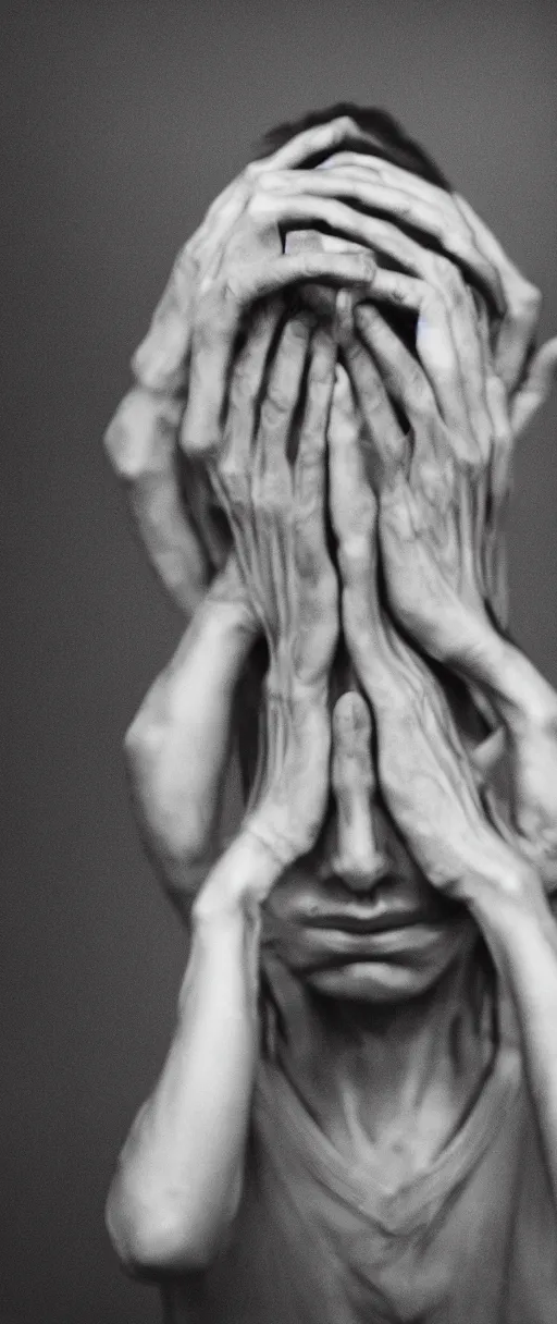 Prompt: super detailed studio portrait of and advanced alien doing facepalm when seeing human beings, artistic photo, noir, monochrome, dark atmosphere, commercial photography, fine art, leica