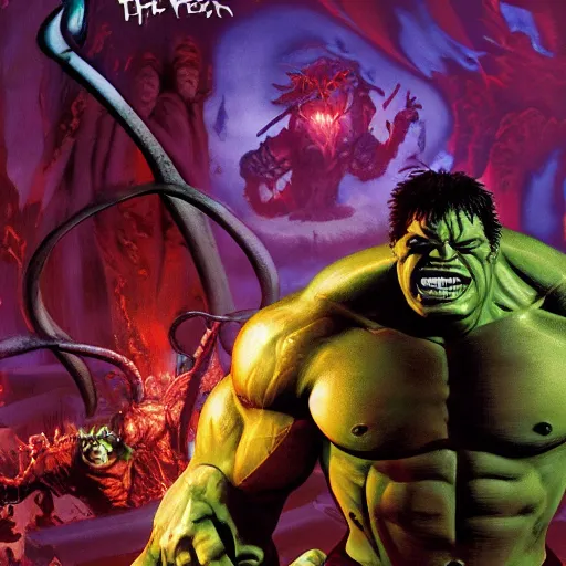 Image similar to The hulk in hell fighting Satan 4K detail