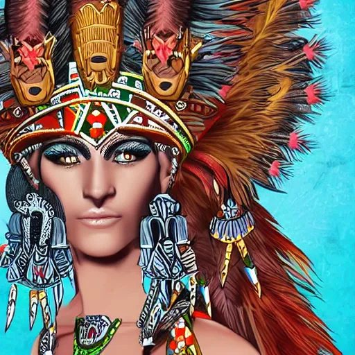 Image similar to character design, aztec warrior goddess with beautiful woman face, crown of very long feathers, full body, glowing aztec tattoos, beautiful,