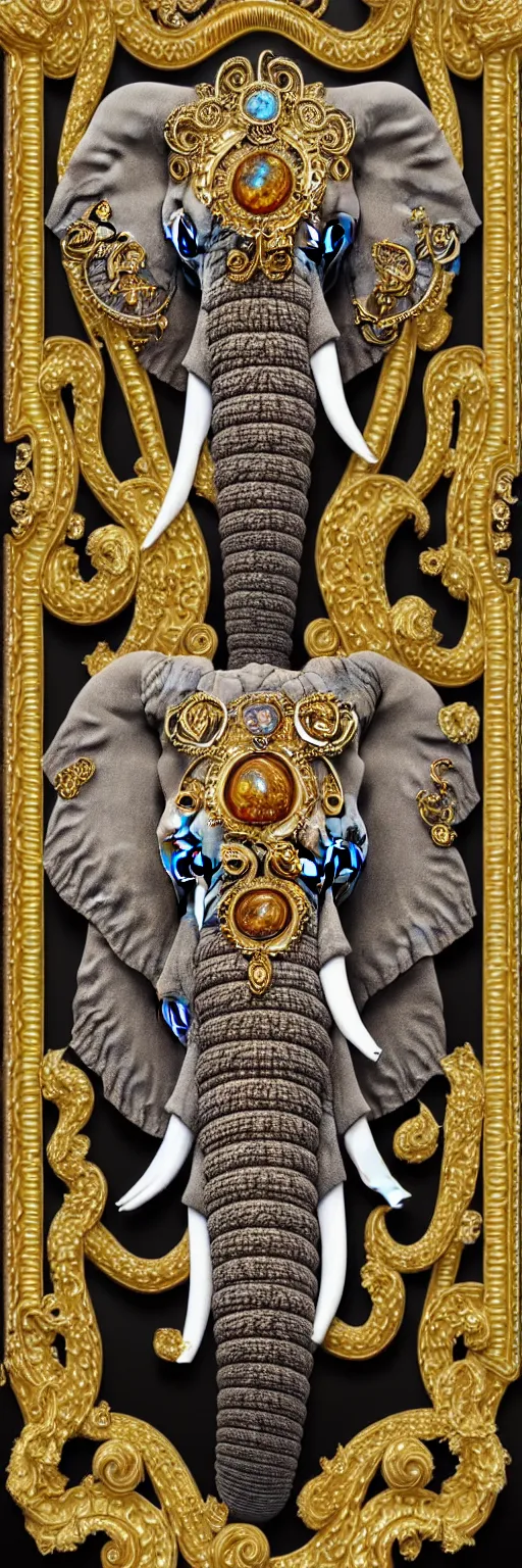 Prompt: beautiful portrait of a large ornate and intricate rococo african elephant face, symmetric, carved marble opal amber aquamarine and pearls with gold accents, 3 d, filigree, photorealistic, front facing, centered, hyper detailed, gold plated on black background, ornate baroque spirals, rimlight, wallpaper, detailed and intricate emblem, baroque medallion,