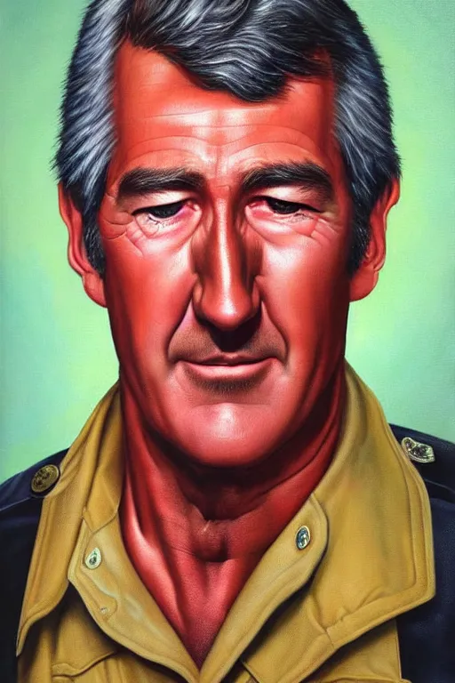 Image similar to hyper realistic painting of randy mantooth as a fire fighter by richard corben and chuck close, vivid colours, highly detailed, dramatic lighting, exotropia eyes