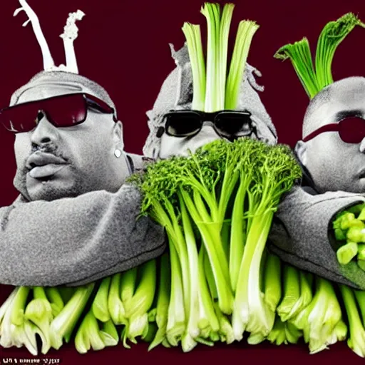 Prompt: gangster rappers the Onion Heads in a turf war with the rival Celery Foot gang. Each gang can be distinguished by wearing their colours and their onion heads and celery feet. Award winning photography