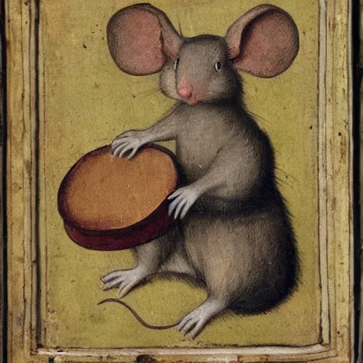 Prompt: mouse holding a drum, sitting in the forrest, medieval portrait