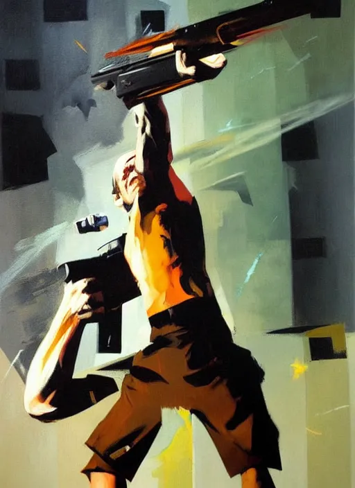 Image similar to tobuscus pointing a gun, shooting, muzzle flash, enraged, painting by phil hale, 'action lines'!!!, graphic style, visible brushstrokes, motion blur, blurry