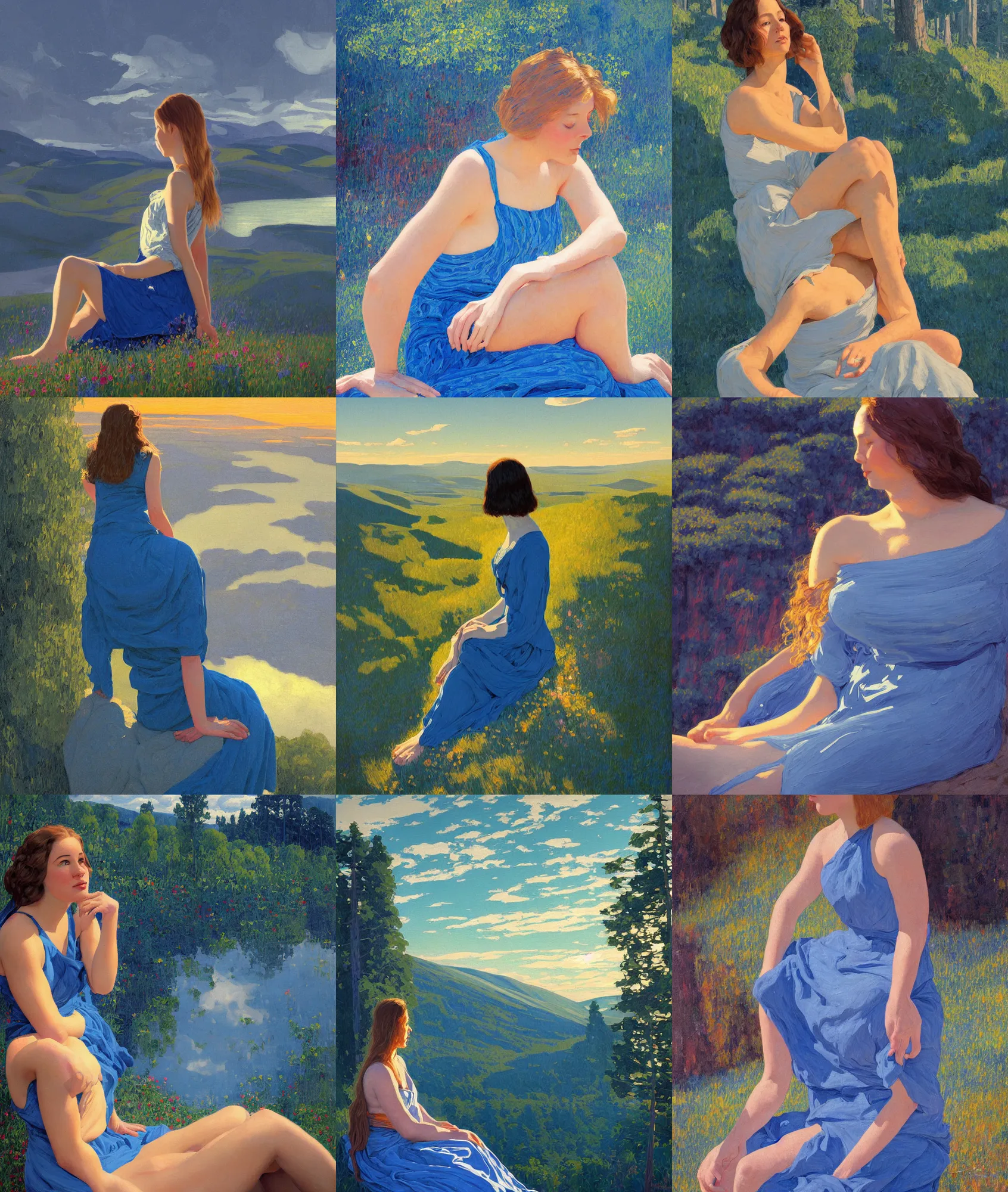 Prompt: sitting girl in blue maxi between clouds above lakes and forests in sunset light, american nature, portrait, elegant, intricate, digital painting, artstation, concept art, smooth, sharp focus, illustration, painting in the style of ed mell and Daniel F. Gerhartz and Jacek Malczewski and gustav klimt and tibor nagy