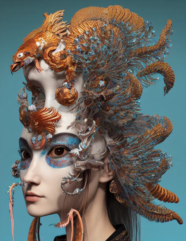 Image similar to 3 d goddess close - up profile portrait russian with ram skull. beautiful intricately detailed japanese crow kitsune mask and clasical japanese kimono. betta fish, jellyfish phoenix, bio luminescent, plasma, ice, water, wind, creature, artwork by tooth wu and wlop and beeple and greg rutkowski