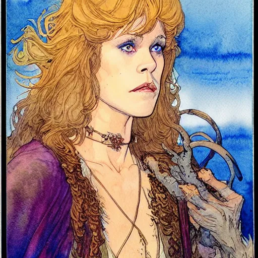 Image similar to a realistic and atmospheric watercolour fantasy character concept art portrait of a young jane fonda in her 2 0 s as a druidic warrior wizard looking at the camera with an intelligent gaze by rebecca guay, michael kaluta, charles vess and jean moebius giraud