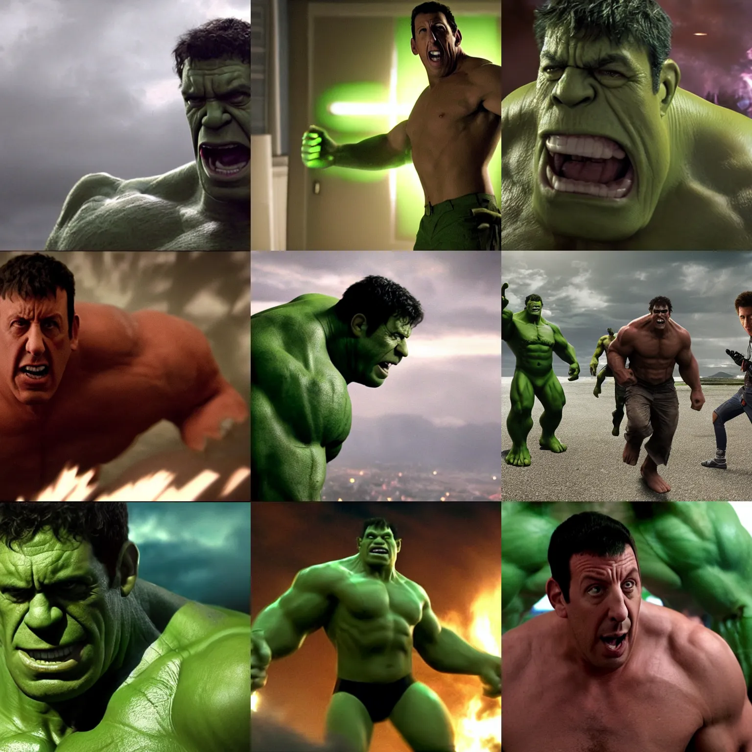 Prompt: adam sandler as the hulk in the avengers ( 2 0 1 2 ), cinematography