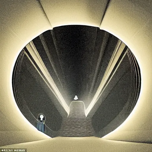 Prompt: The long black tunnel opened to the right of the throne. The only light in it was what filtered from above, and that very dimly; but when the queen looked up she saw that its vaulted roof rose high above her head into unknown heights beyond the circle of her lamp.