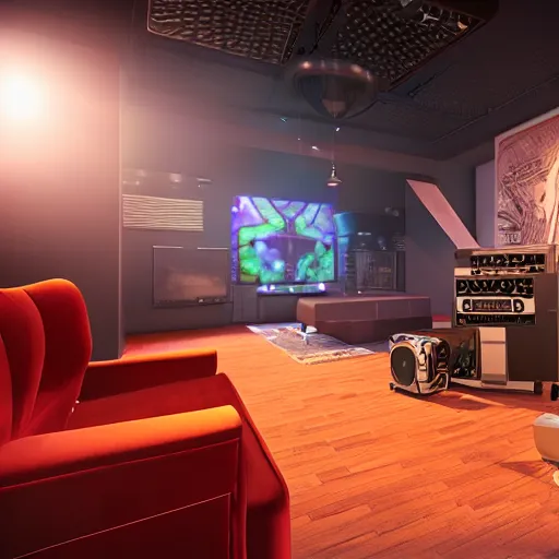 Prompt: A screenshot of a Virtual Reality music studio, living room vibe, Paris hotel style, red velvet furniture, light rays coming out of the windows, raytracing, highly detailed, futuristic, unreal engine 5, photoscanned, photorealistic,