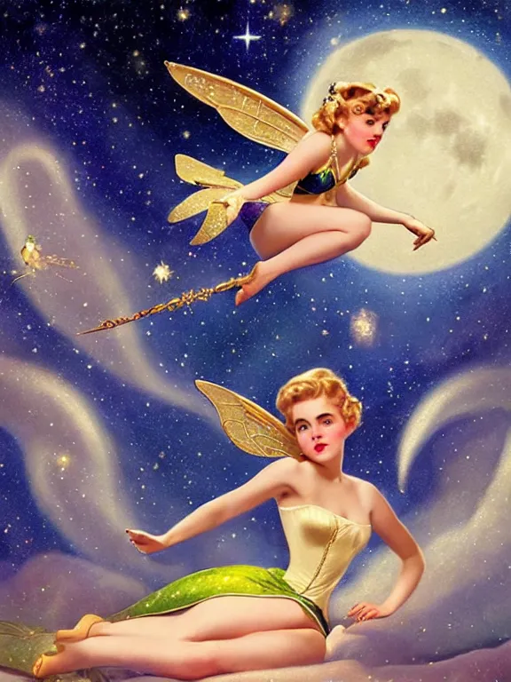 Prompt: kiernan shipka as tinkerbell, a beautiful art nouveau portrait by Gil elvgren, moonlit starry sky environment, centered composition, defined features, golden ratio, gold jewlery, photorealistic professionals lighting, cinematic, sheer