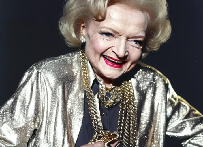 Prompt: publicity photo still of betty white as a gangsta rapper covered in gold chains, with grills in teeth and wearing a jumpsuit live on stage, 8 k, live concert lighting, mid shot