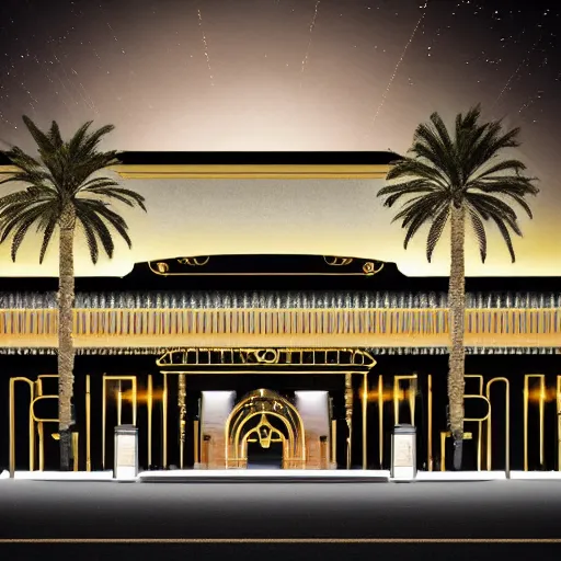 Prompt: beautiful exterior of art deco palace movie theater at night premiere, pillars, dust, dark, long shadows, atmospheric, gold and black marble lacquered, palm trees, luxury architecture, low angle, dynamic cinematic light, 3 5 mm, realistic, insanely detailed, hyper detail, hyper real, unreal engine render, 8 k