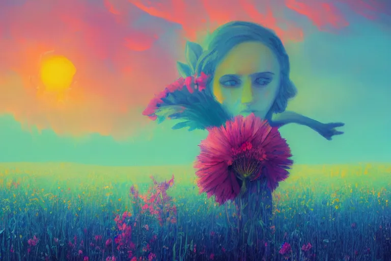 Prompt: closeup, giant flower head, girl in suit floating above field of flowers, surreal photography, sunrise, blue sky, dramatic light, impressionist painting, digital painting, artstation, simon stalenhag