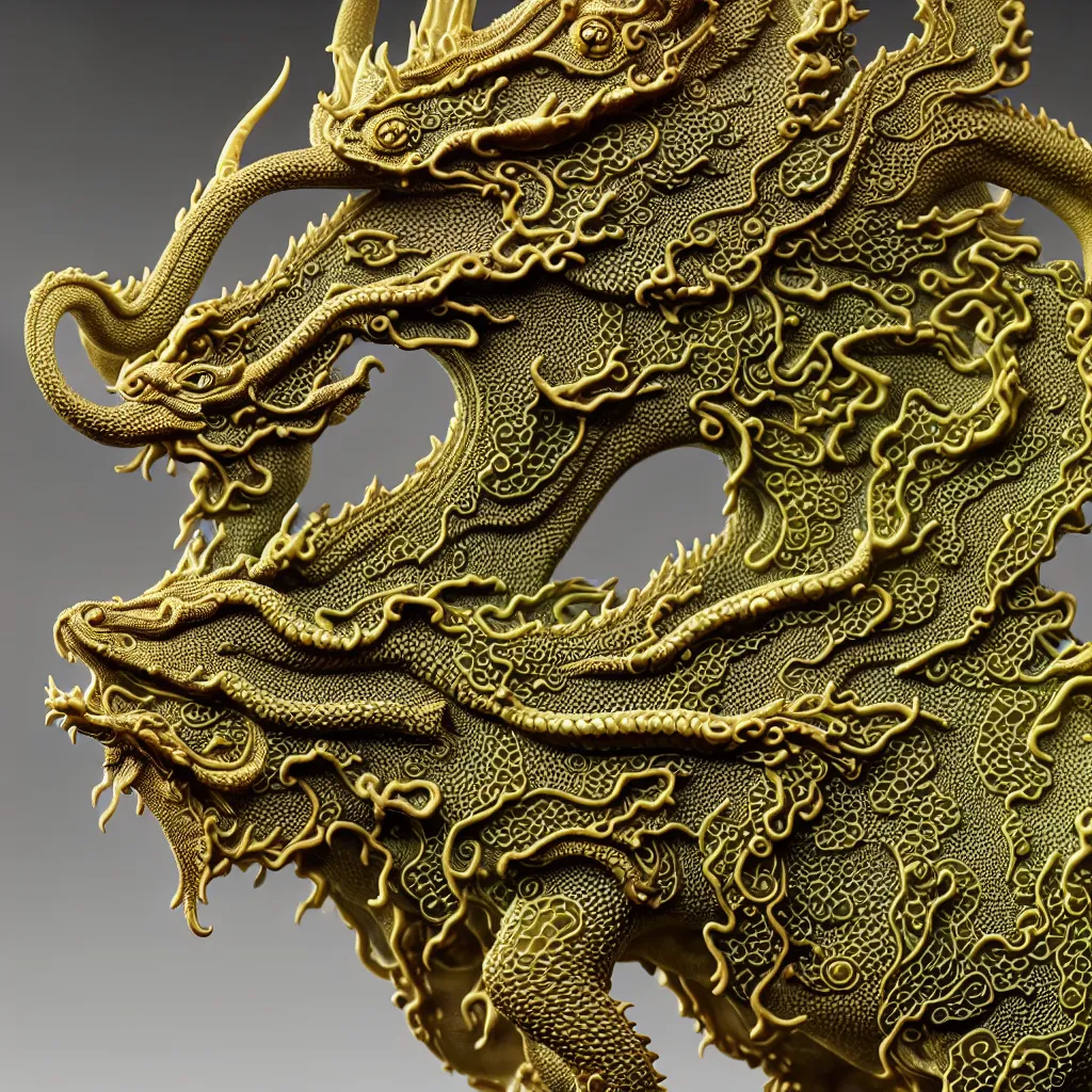 Prompt: a closeup photo - real delicate ceramic porcelain sculpture of an ornate detailed dragon in front of a intricate background by victo ngai and takato yamamoto, micro detail, backlit lighting, subsurface scattering, translucent, thin porcelain, octane renderer, gold and neon green, swirling pink aura, physically based rendering, japanese pottery, trending on cgsociety