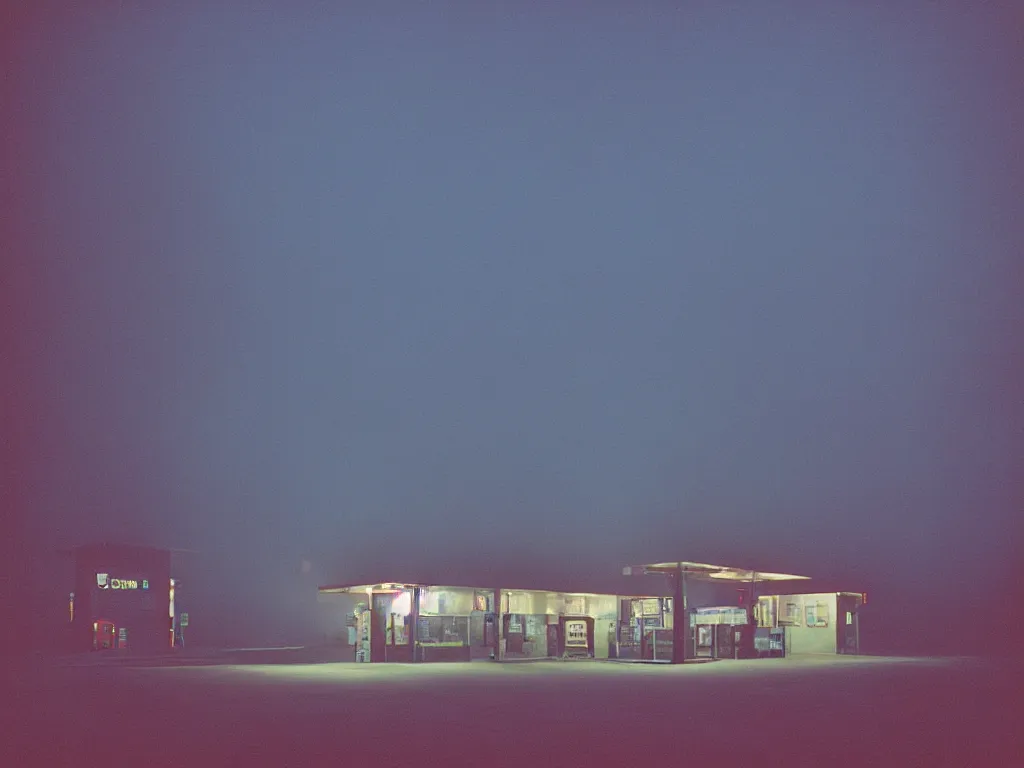 Image similar to “35mm film photography of gas station, forest, fog, night, mood, cinestill 800t, grain”