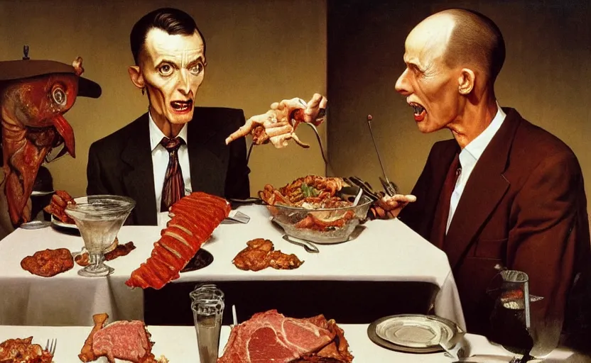 Prompt: a thin man wearing a suit screams at a bowl of meat on a table in a dark kitchen lit by a single bulb, painted by rick berry and norman rockwell and zdzislaw beksinski, highly detailed