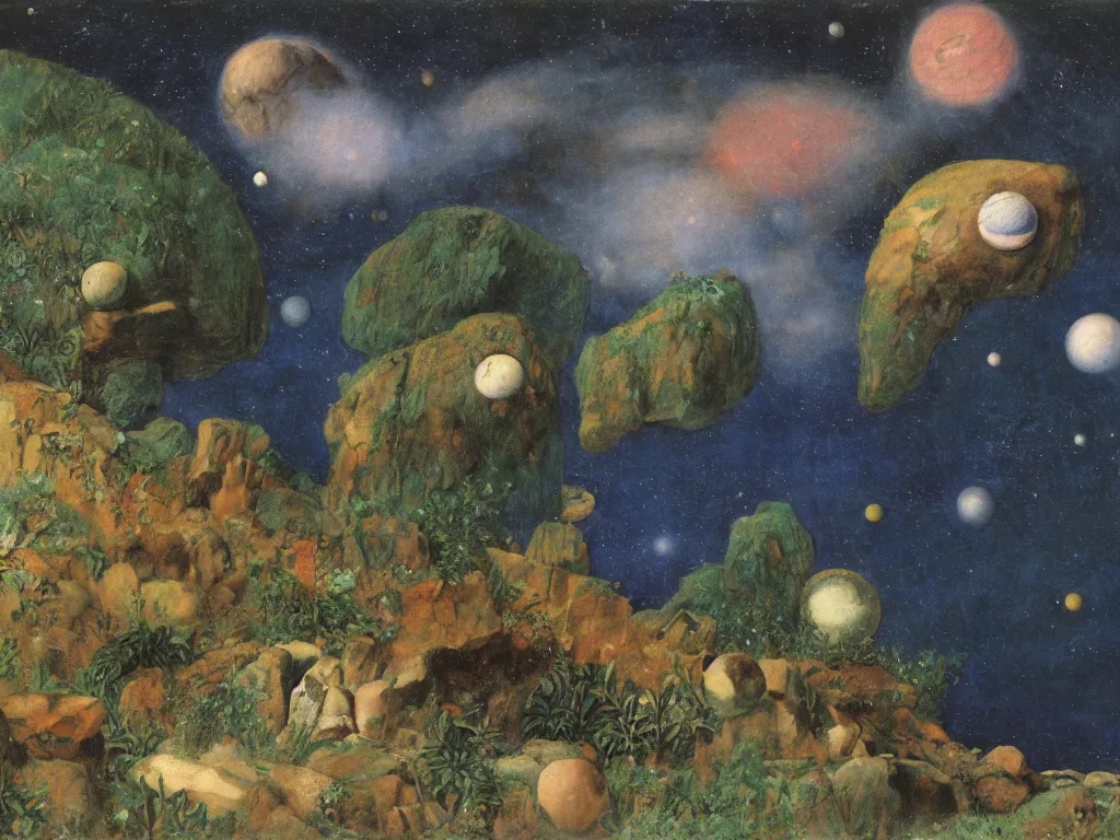 Prompt: Fauna on Jupiter a million years ago. Colorful rocks. Painting by Arnold Bocklin, Walton Ford, Henri Rousseau