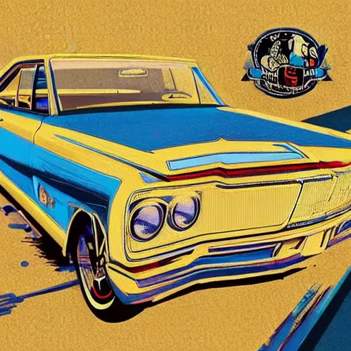 Prompt: a 1967 lowrider that has blue paint with flames on it in the style of GTA V cover art, award winning, award winning shading, hyperdetailed, trending on artstation, masterpiece