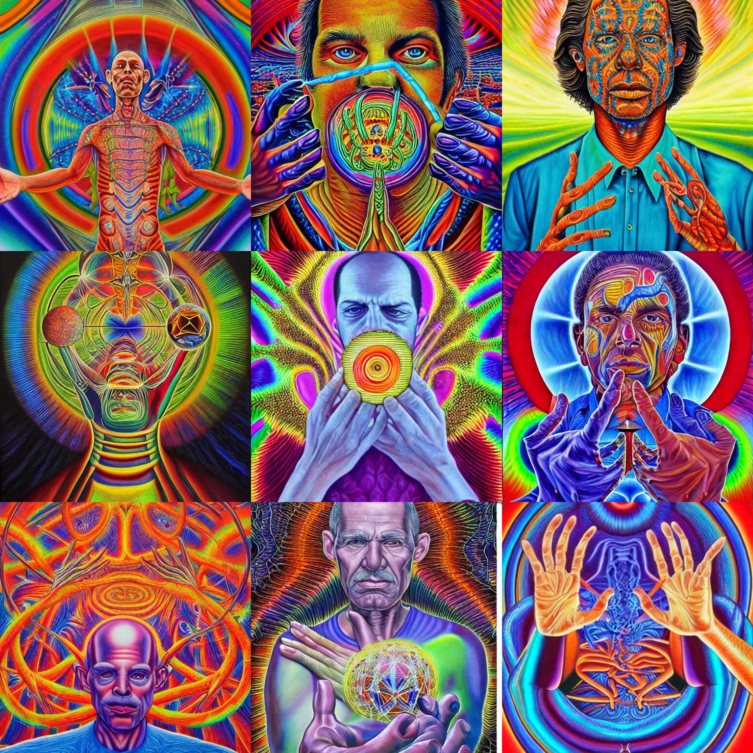 Prompt: a painting of a man holding a molecule in his hand, a detailed painting by alex grey, reddit, psychedelic art, psychedelic, academic art, maximalist