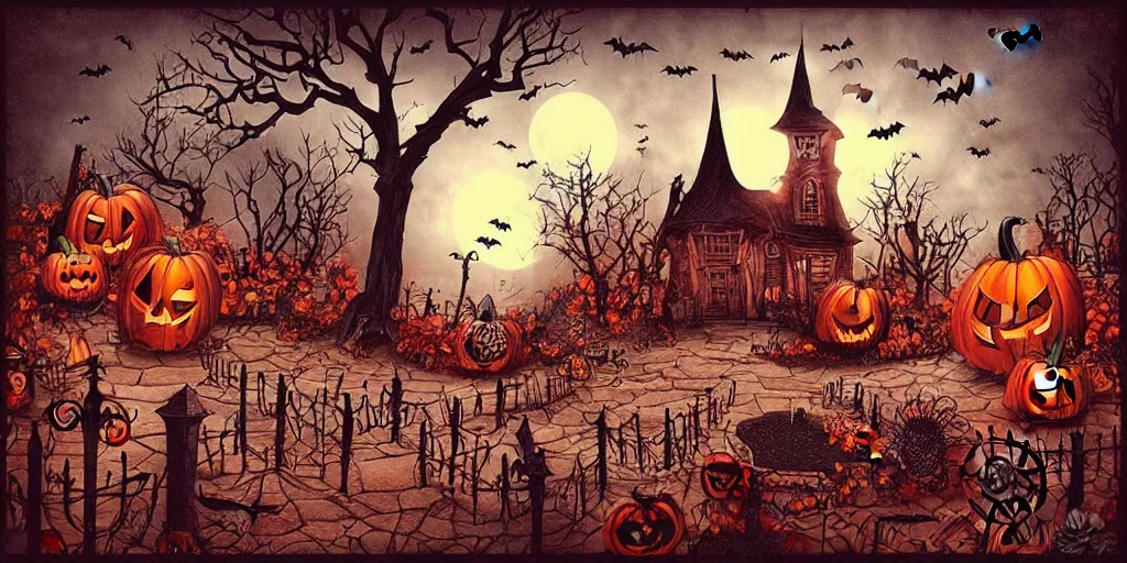 Image similar to “Halloween town created by Tim burton spooky dark orange tones fantasy”