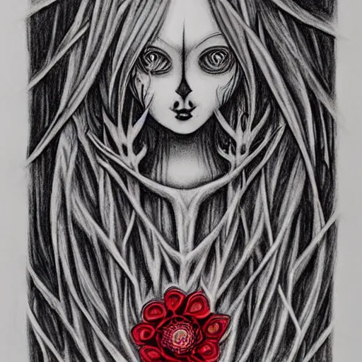 Image similar to dystopian charcoal drawing of webs in a red flower by jeremiah ketner | horror themed | creepy