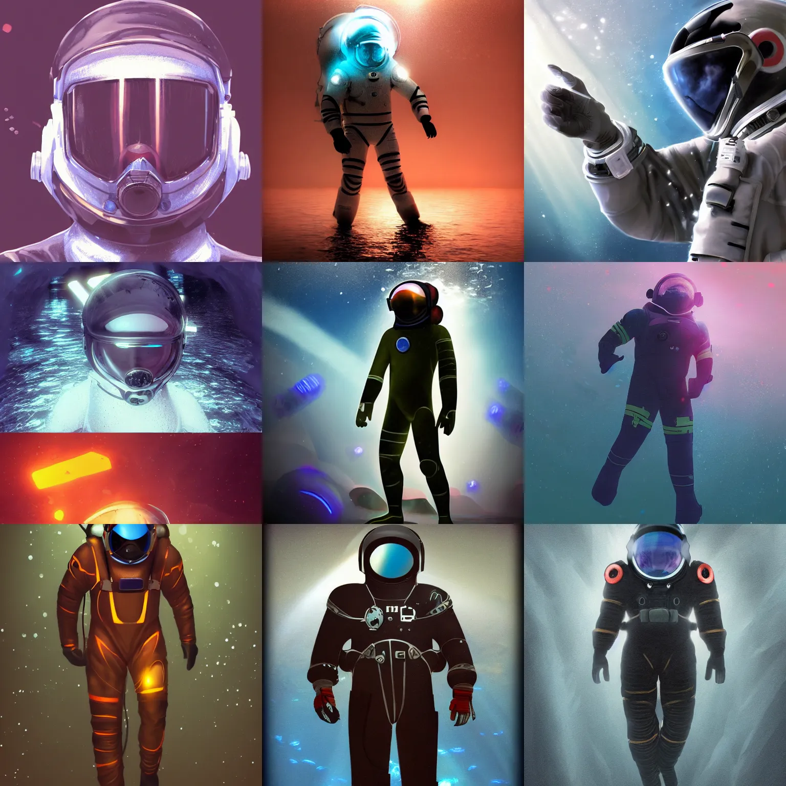 Image similar to infrared concept art in the dark underwater diver astronaut with meka helmet. complex suit design. wet reflection material. rays and dispersion of light breaking through the deep water. trend artstation
