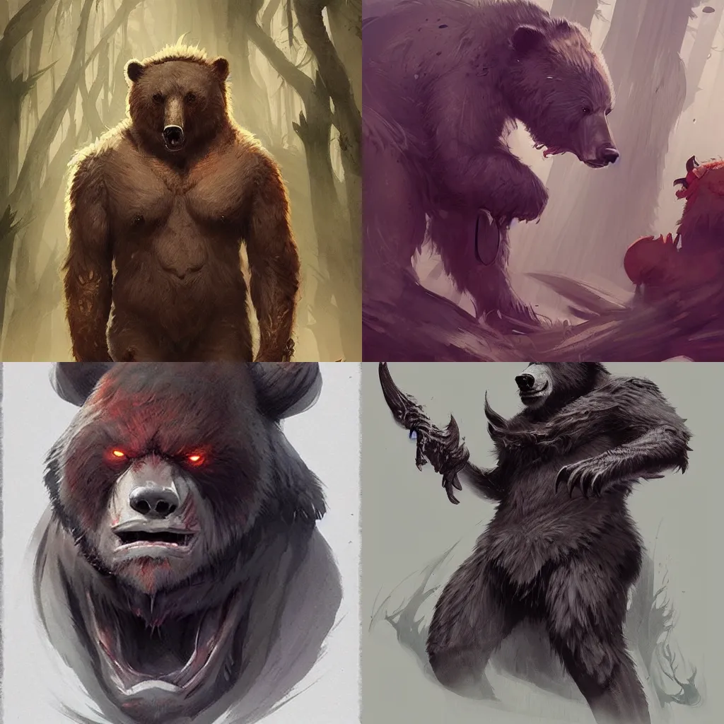 Prompt: Bear named demon,detailed, mean face,evil,by rossdraws and greg rutkowski,wearing cave man clothes, concept art,