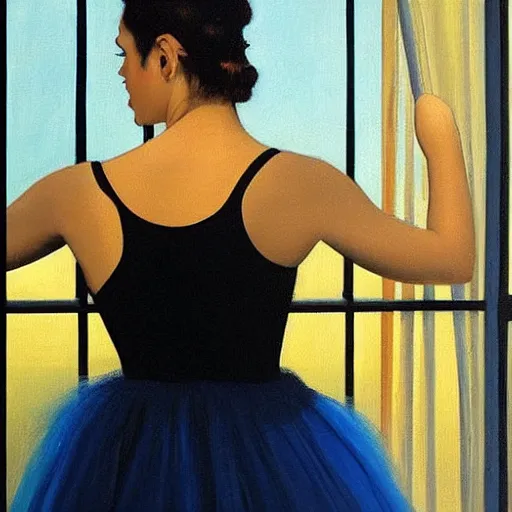 Image similar to artwork portrait painting of a ballet dancer in a black tutu standing in front of a window showing a perfect blue sky by jack vettriano h 6 4 0