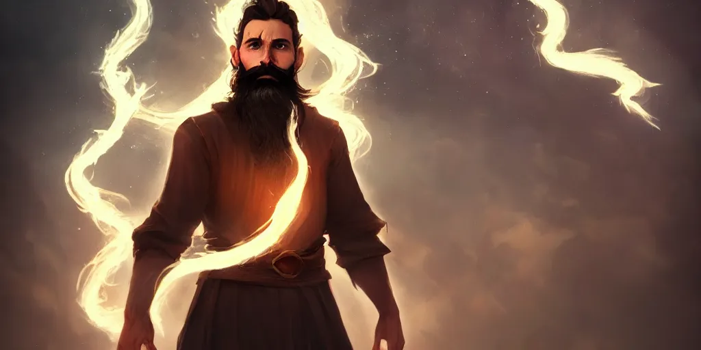 Image similar to a handsome brown hair bearded male sorcerer, he is casting a lighting spell, light rays, bloom, epic pose, epic composition, dramatic lighting, concept art, award winning, trending on artstation
