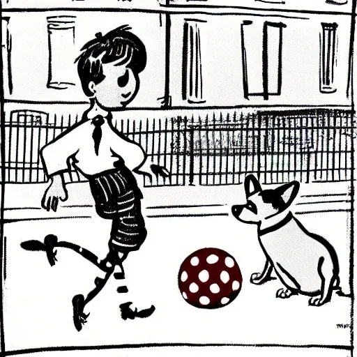 Image similar to illustration of french boy on the streets of paris playing football against a corgi, the dog is wearing a polka dot scarf, comic, 1 9 6 3