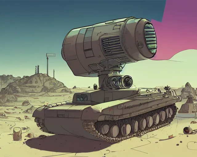 Image similar to a study of cell shaded cartoon tank with a giant camera on it on a desert road, street lamps, road, illustration, wide shot, subtle colors, post grunge, concept art by josan gonzales and wlop, by james jean, victo ngai, highly detailed, sharp focus, trending on artstation, hq, deviantart, art by artgem