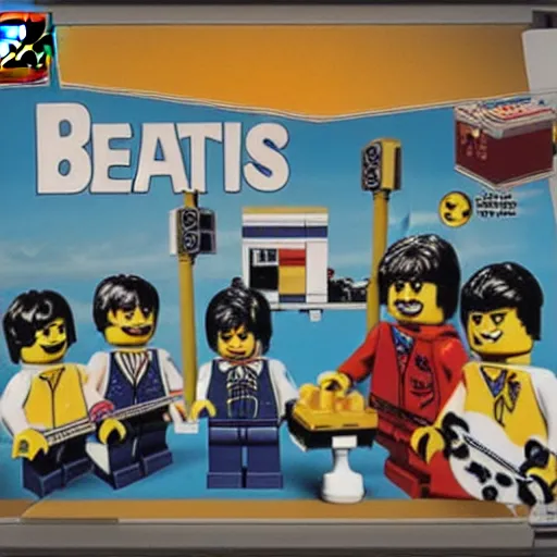 Image similar to Box art for a LEGO set of The Beatles