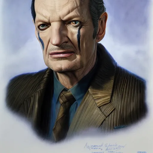 Image similar to A portrait of Andrew Robinson as Elim Garak, highly detailed photorealistic, unreal 5, hugh definition, 8k, deviantart, donato giancola, oil painting