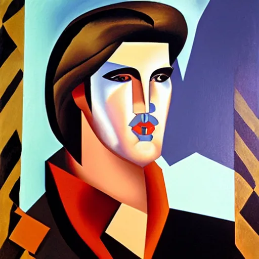 Image similar to portrait of elvis presley, by tamara de lempicka