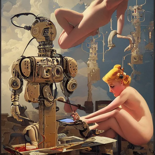 Image similar to robot artist painting a self - portrait on a canvas. intricate, highly detailed, digital matte painting in the style of gil elvgren and in the style of stephen hickman. irony, recursion, inspiration.