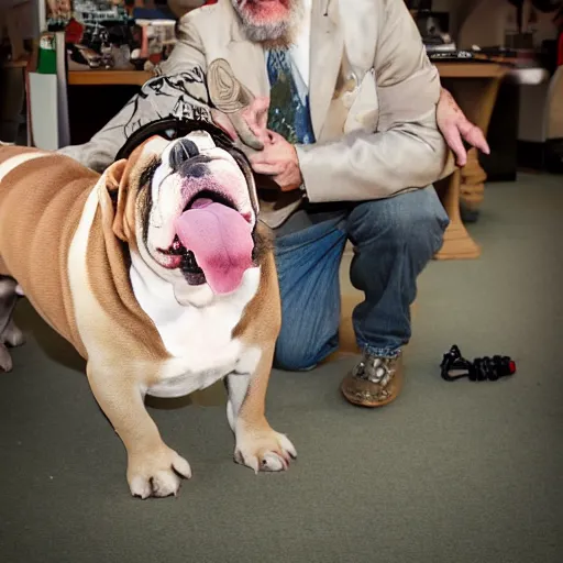 Image similar to Buddy the graying middle aged homeless man holding an xbox controller next to a crowned royalty english bulldog, photo by Wes Anderson